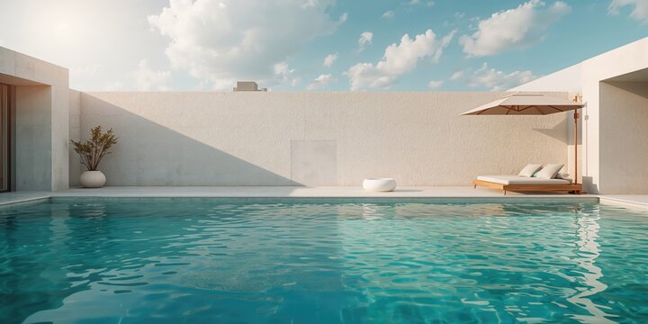 Contemporary swimming pool with wall, designed for editorial header backgrounds, showcasing geometric shapes and water reflection, World Water Day