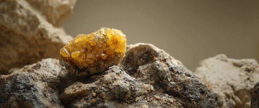 Limonite mineral sample displayed on stone rock with crystal details