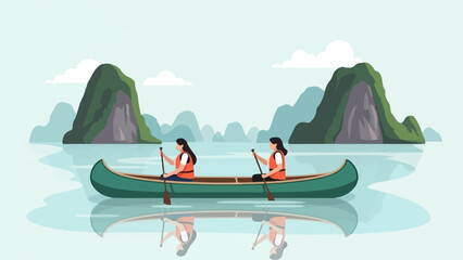 Two people paddle a canoe in a serene landscape with karst formations