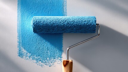 Blue paint roller in action creating a broad line across an interior wall