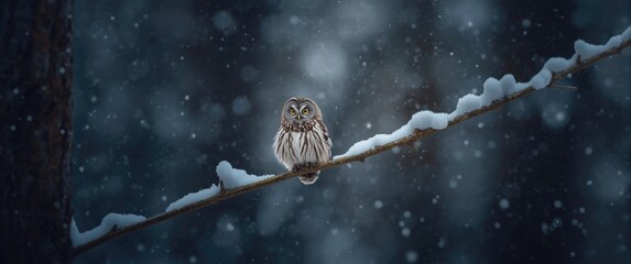 Small owl (Athene noctua) resting on snowy branches with dark forest backdrop during evening winter