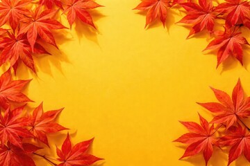 Obraz premium Vivid yellow backdrop featuring red azalea autumn leaves and open copy space