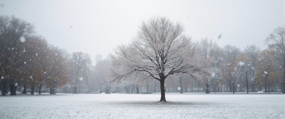 Obraz premium Autumn or winter city park with bokeh background blur, featuring the initial snowfall