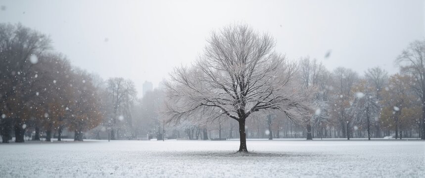 Autumn or winter city park with bokeh background blur, featuring the initial snowfall