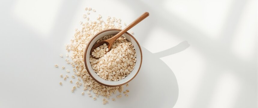 White background with a bowl of oat flakes and a wooden spoon