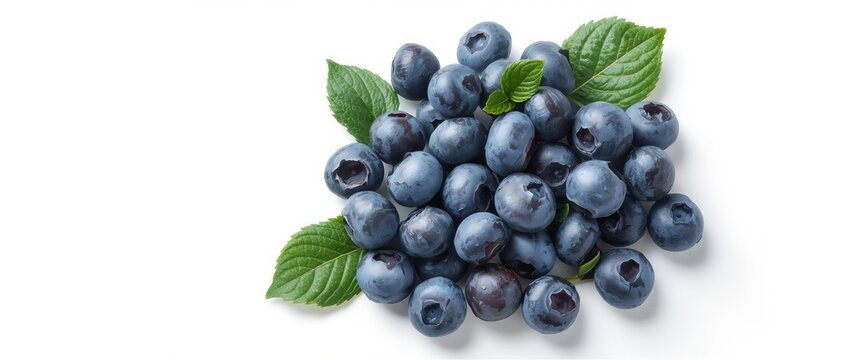 Fresh blueberries with leaves on a plain background