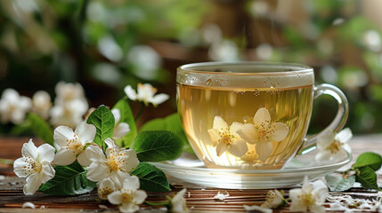 Steaming cup of jasmine tea with fresh white flowers and green leaves on a wooden table
