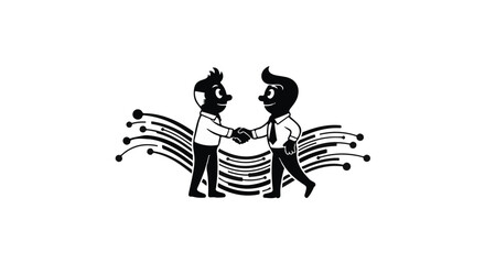 Two cartoon figures in business attire shaking hands, symbolizing partnership and connection.