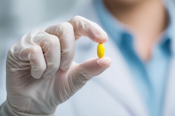 Close-up of a medical professional holding a small yellow pill in a clinical setting