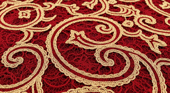 Intricate close-up of luxurious red lace fabric adorned with elegant gold embroidered floral and scroll patterns, creating a rich and classic textile background texture for sophisticated designs