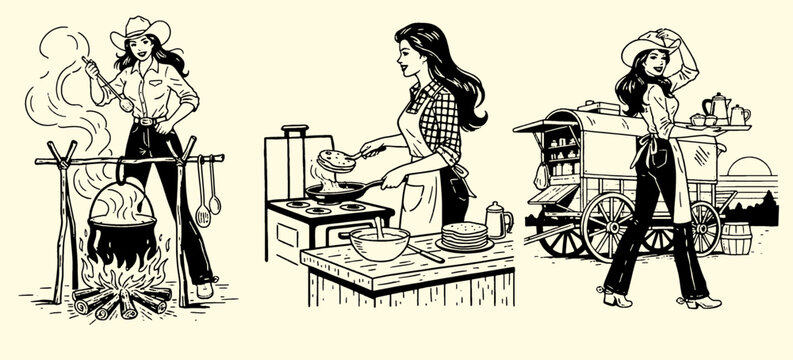 Retro Cowgirl Cooking Set. Pin up vintage style chef woman making food on campfire, stove, and serving from chuck wagon cart. Vector illustration.
