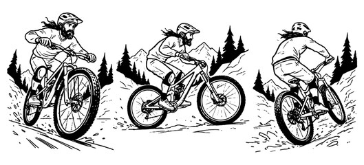 Downhill mountain biking vector set. Black & white illustration of extreme MTB riders on trail. Sport logo, t shirt print, sticker design. © Tri