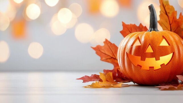 A carved pumpkin with a smiling face sits on a white wooden table, surrounded by autumn leaves.