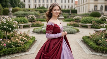 Obraz premium Young Royal Woman in Elegant Historical Dress Standing in Palace Garden