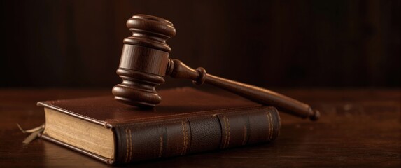 Upright wood and brass judges gavel resting on a law book representing justice and court decisions