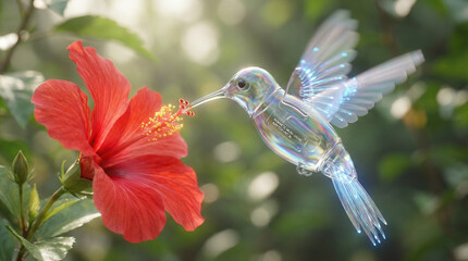 Obraz premium Biomimetic Guardian: Iridescent Glass Hummingbird Micro-Drone Pollinating a Flower