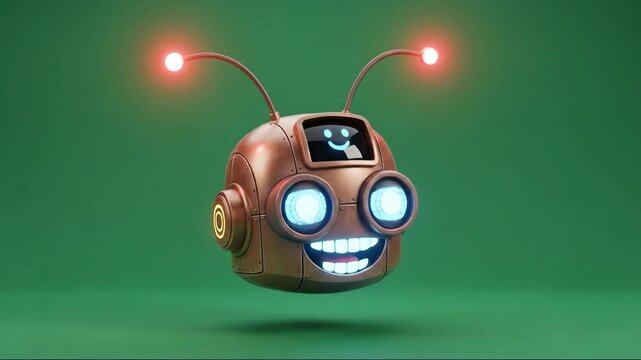 Cute cartoon robot head with glowing blue eyes and red antennae, smiling character with a screen face on a green background.