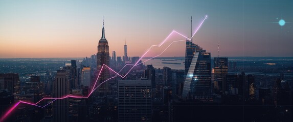 Financial growth represented by a digital graph overlaid on a contemporary cityscape, highlighting economic upward trends. New York skyline
