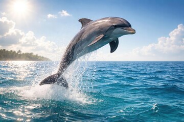 Fototapeta premium Joyous dolphin leaping clear of shimmering water on summer day with copy space