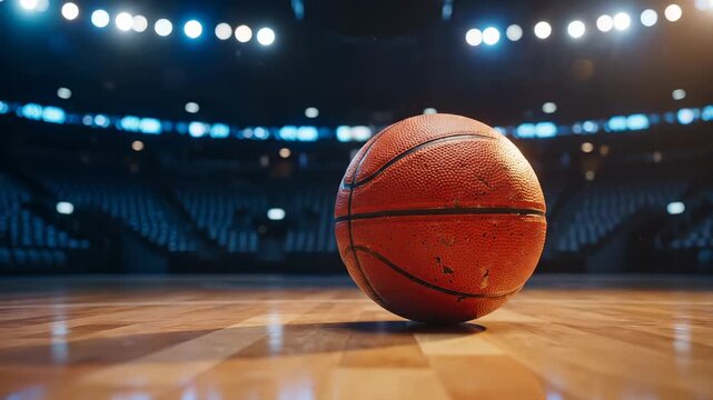 basketball sits on court hardwood under arena lighting. hoop with rim and net near scoreboard. ball rests on polished surface. sport setting with empty seating and dramatic illumination. ambient glow.