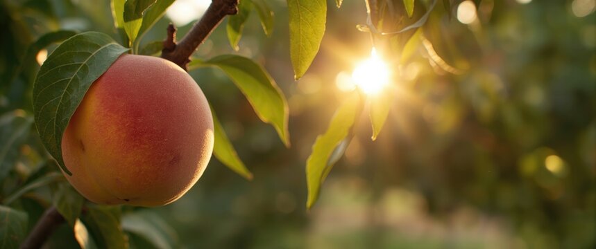 Delicious organic peaches on tree at a farm offering self-pick fruit with healthy, ripe nectarines