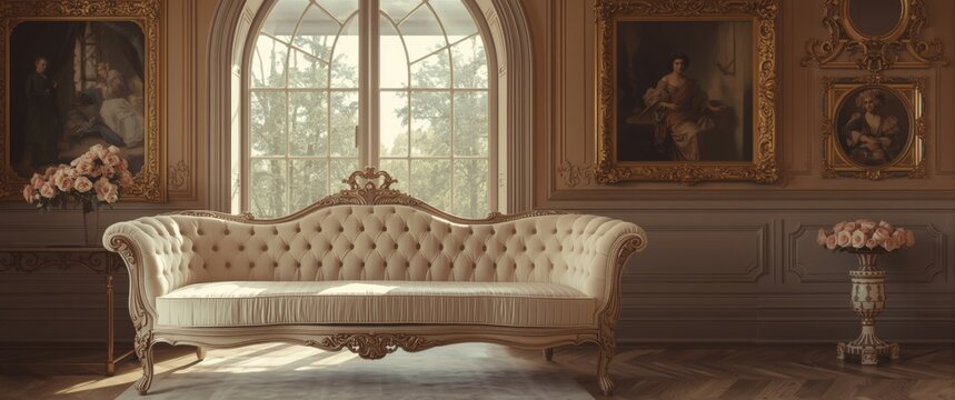 Elegant Rococo sofa with a rose vase beside the large arched window