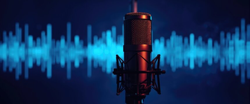 Microphone in a recording studio with digital audio waveform behind it