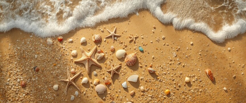 Beach in summer featuring sea sand, starfish, and shells, top view with room for text