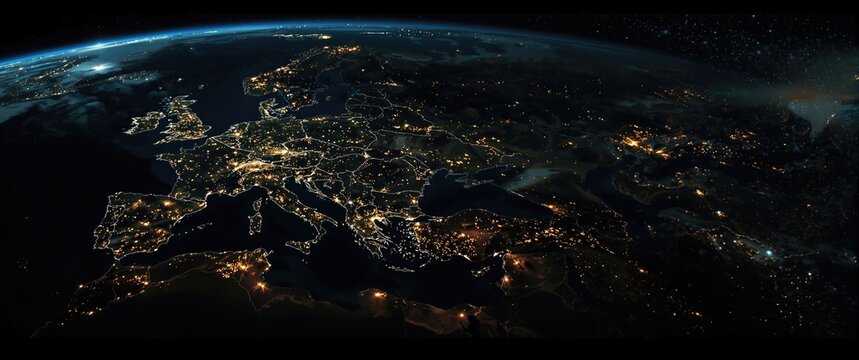 Global satellite image showing a panoramic night view of Europe, the Mediterranean, and the Middle East illuminated by city lights
