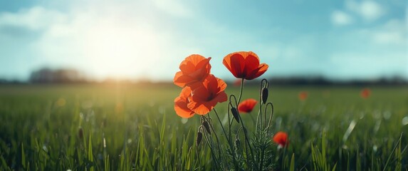 Obraz premium Sunny day with poppies on a green field in a color photo for backgrounds