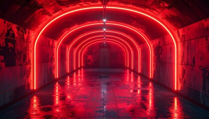 Neon Lit Arches in Dark Tunnel.