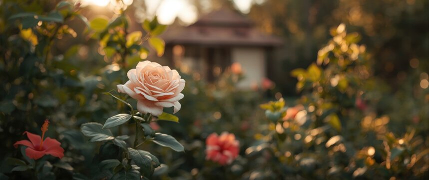 Blurred colorful hibiscus background in selective focus, showcasing flowers, leaves, and garden scenery