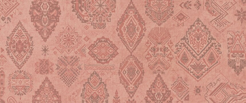 Ethnic motif in handmade Ikat art showcasing beautiful floral and abstract patterns on pink background, representing folk embroidery from Peru, India, Asia, Morocco, Turkey, and Uzbekistan, with