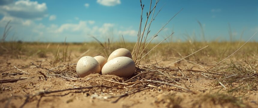 Soon to be big birds... Image of a nest with ostrich eggs in the sand