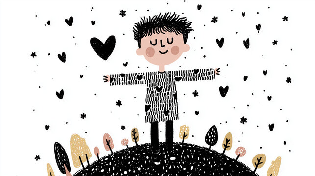 A self-love and self-respect concept illustration, happy boy spreading hand widely with hearts floating around, minimal cute cartoon design