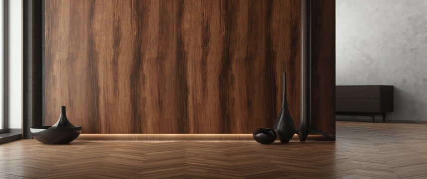 Realistic seamless 3D wood texture with black plastic accents, made from walnut wood for walls, floors, and auto vinyl