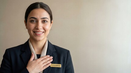 Young Indian woman concierge smiling, hand on chest, professional service, hospitality concept
