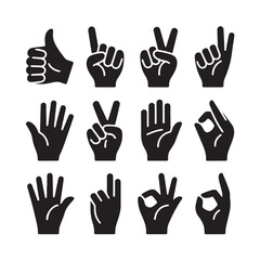 Obraz premium Set of black hand gesture silhouettes including victory sign thumbs up counting fingers and ok symbols isolated on transparent background for communication design elements and graphic projects