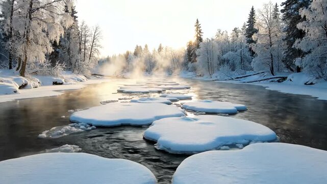 Snowy river landscape with frozen trees and misty atmosphere on a cold winter day