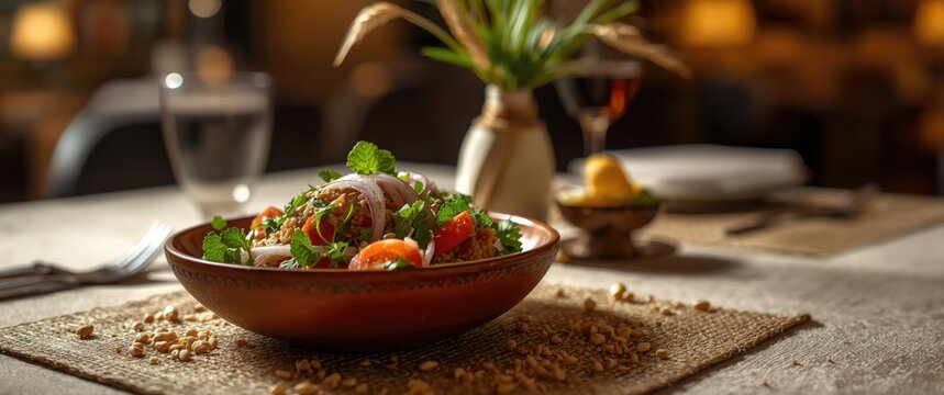 Healthy vegetarian tabule salad featuring chopped parsley, tomatoes, mint, onion, bulgur, seasoned with olive oil and lemon juice at a restaurant