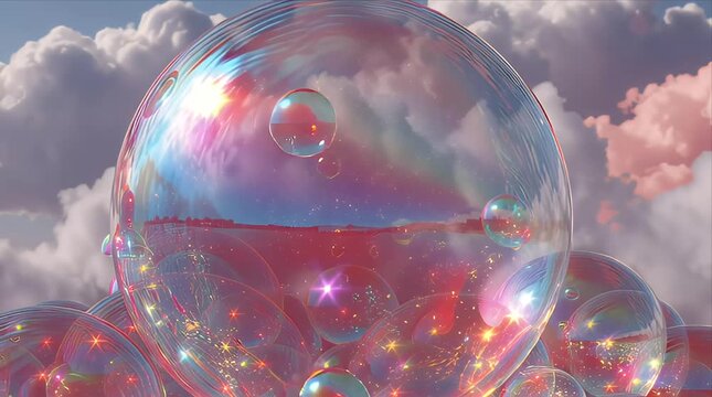 虹色の光を反射しながら青空を漂う幻想的なシャボン玉の群れ