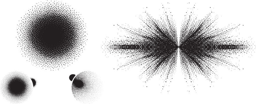 A collection of black stipple dot patterns creating spherical and radiating shapes on a white background