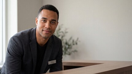 Young Black man in suit jacket, smiling confidently at reception desk Professional, friendly, and approachable