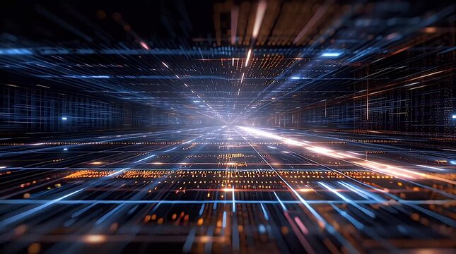 デジタル空間を高速移動する青とオレンジの光のグリッド