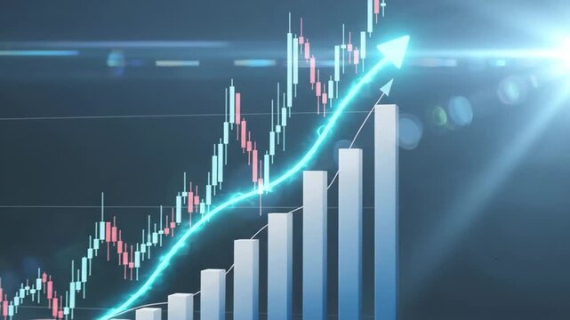 Financial growth chart with upward trending arrow and bar graph illustration.