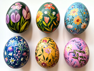 Fototapeta premium A vibrant collection of six hand painted Easter eggs featuring intricate floral patterns in various colors. Perfect for spring decorations.