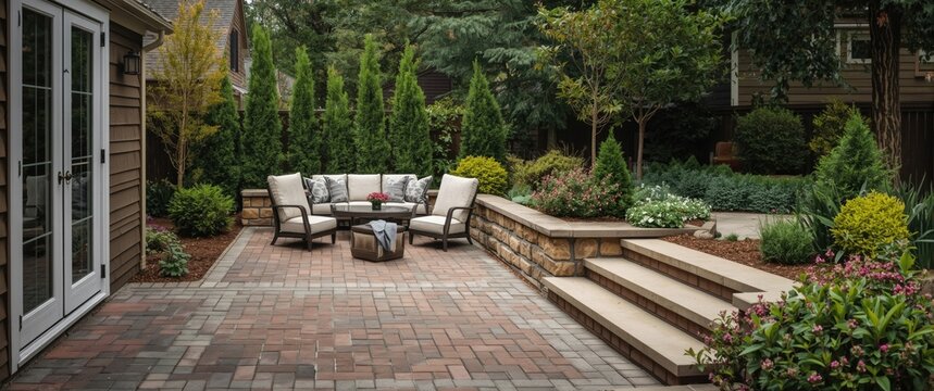 Charming small urban backyard garden blending contemporary design with traditional features, such as a seat wall, red brick paver herringbone pattern patio, natural stone steps, and comfortable