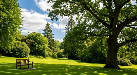Fototapeta premium Park Bench Under a Tree on Beautiful Green Lawn in a Picturesque Tranquil Landscape