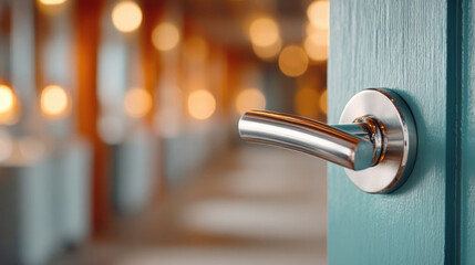 Close-up of a metal door lever handle on a teal door with a blurred, warmly illuminated interior background