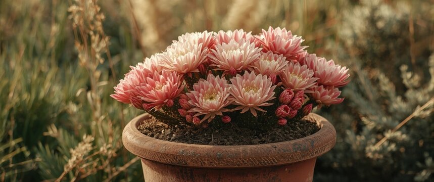 Christmas cactus in full bloom in a clay pot, Latin name Schlumberger